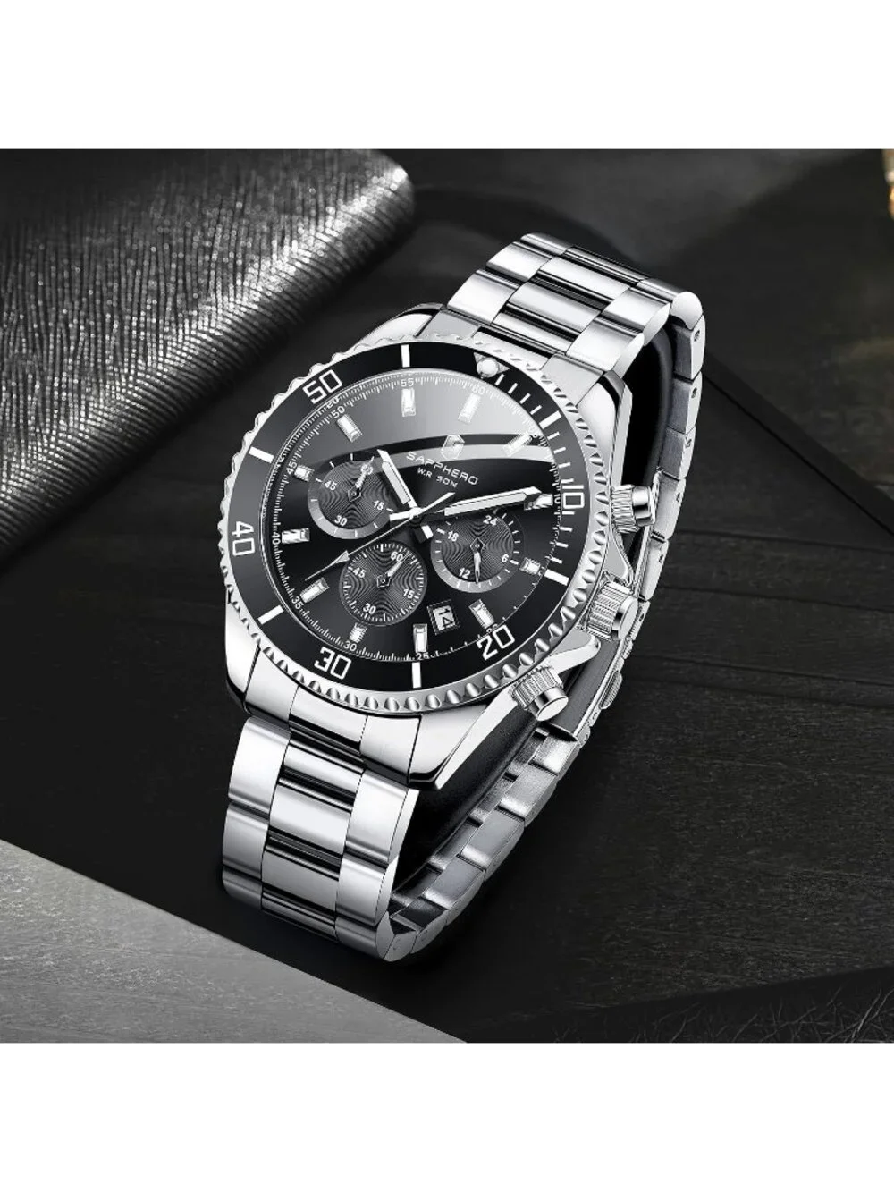 Men's Silver And Black Chronograph Stainless Steel Waterproof Quartz Wrist Watch